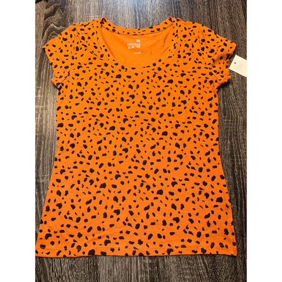 SO Tops - SO Favorite Slim Tee Orange Black Animal Print Scoop Neck Short Sleeve Small NEW